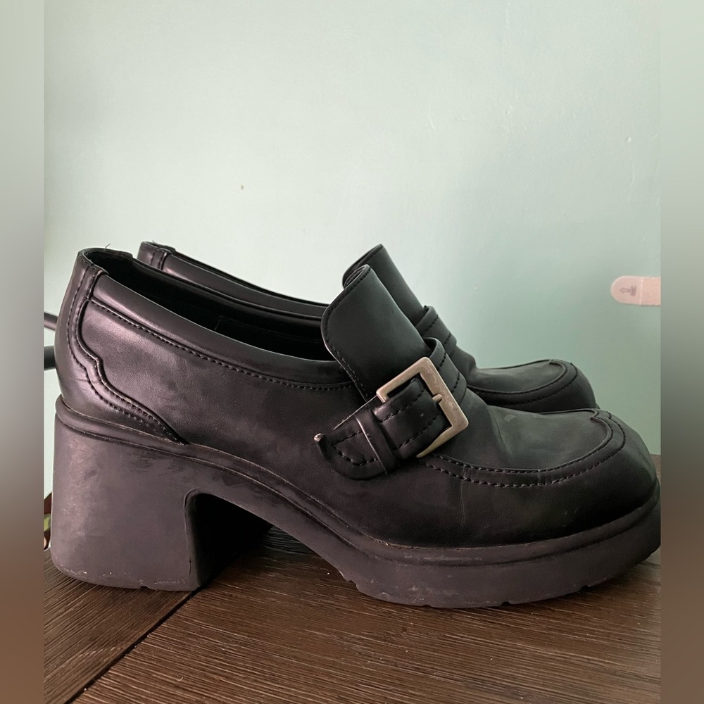 Y2K Vintage Women's Black Slip On Chunky Heels Shoes 90s Buckle Platform Size 8